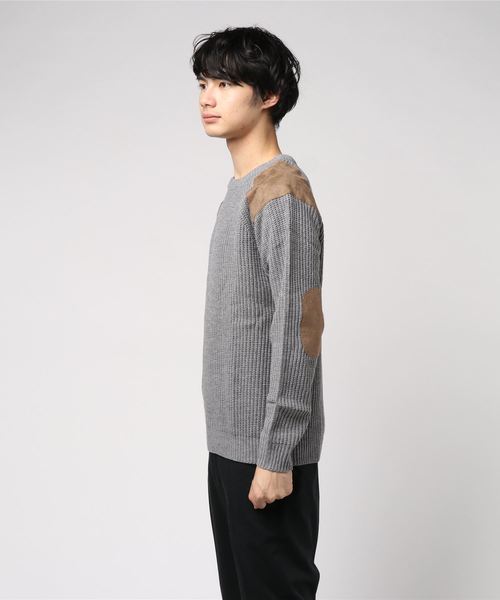 MinoriTY（マイノリティ）の「スウェードパッチあぜ編クルーニット（ニット/セーター・メンズ・杢グレー/カーキ/キャメル/キナリ・M/L）」の7枚目の写真