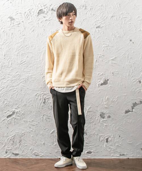 MinoriTY（マイノリティ）の「スウェードパッチあぜ編クルーニット（ニット/セーター・メンズ・杢グレー/カーキ/キャメル/キナリ・M/L）」の15枚目の写真