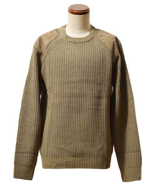 MinoriTY（マイノリティ）の「スウェードパッチあぜ編クルーニット（ニット/セーター・メンズ・杢グレー/カーキ/キャメル/キナリ・M/L）」の6枚目の写真