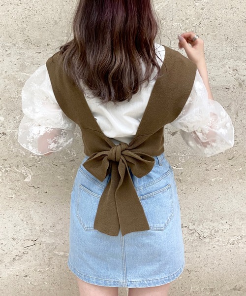 archives（アルシーヴ）の「バックリボンビスチェ＋刺繍スリーブブラウスセット（シャツ/ブラウス・レディース・モカ/ブルー/アイボリー・MEDIUM）」の3枚目の写真