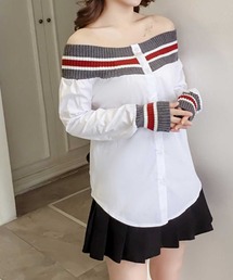 オフショルラインリブブラウス