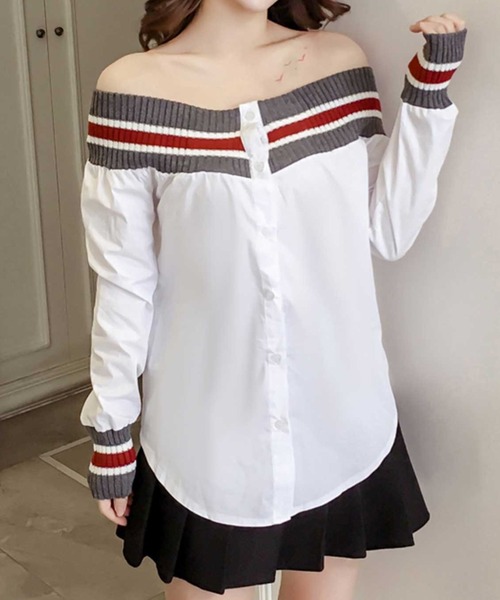 MANGROVE(マングローブ)の「オフショルラインリブブラウス(シャツ/ブラウス・レディース・ホワイト/ブルー・MEDIUM/LARGE)」の11枚目の写真
