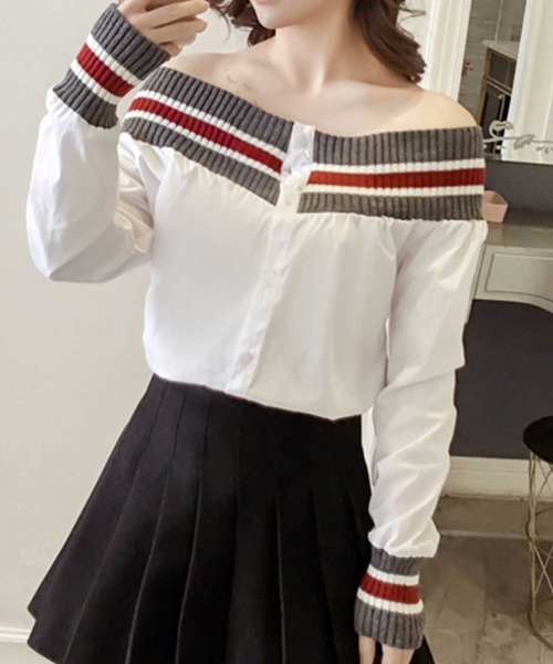 MANGROVE(マングローブ)の「オフショルラインリブブラウス(シャツ/ブラウス・レディース・ホワイト/ブルー・MEDIUM/LARGE)」の10枚目の写真
