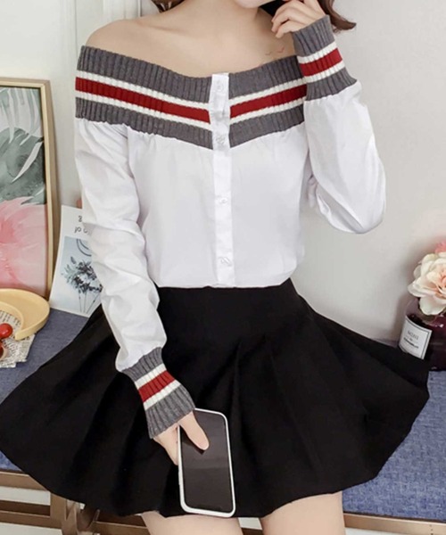 MANGROVE(マングローブ)の「オフショルラインリブブラウス(シャツ/ブラウス・レディース・ホワイト/ブルー・MEDIUM/LARGE)」の9枚目の写真