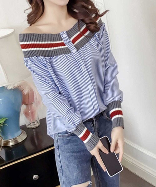 MANGROVE(マングローブ)の「オフショルラインリブブラウス(シャツ/ブラウス・レディース・ホワイト/ブルー・MEDIUM/LARGE)」の7枚目の写真