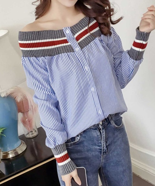 MANGROVE(マングローブ)の「オフショルラインリブブラウス(シャツ/ブラウス・レディース・ホワイト/ブルー・MEDIUM/LARGE)」の6枚目の写真