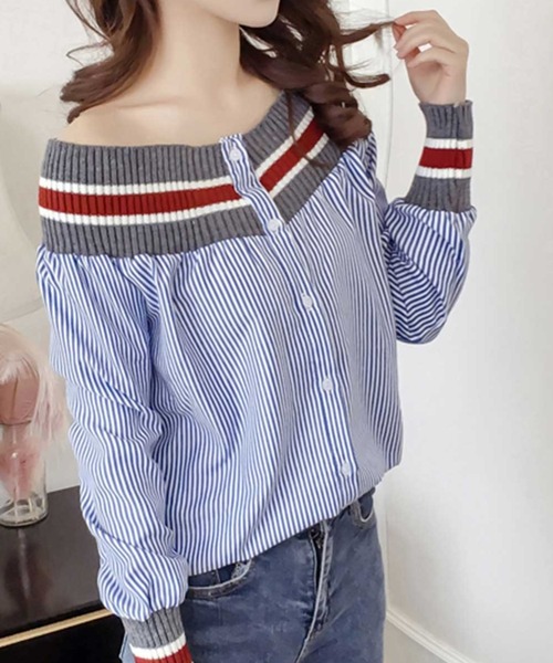 MANGROVE(マングローブ)の「オフショルラインリブブラウス(シャツ/ブラウス・レディース・ホワイト/ブルー・MEDIUM/LARGE)」の5枚目の写真