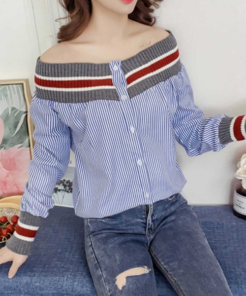 MANGROVE(マングローブ)の「オフショルラインリブブラウス(シャツ/ブラウス・レディース・ホワイト/ブルー・MEDIUM/LARGE)」の4枚目の写真