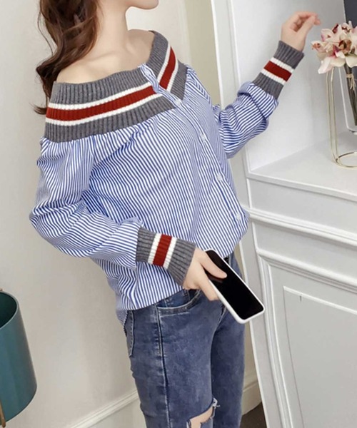 MANGROVE(マングローブ)の「オフショルラインリブブラウス(シャツ/ブラウス・レディース・ホワイト/ブルー・MEDIUM/LARGE)」の3枚目の写真
