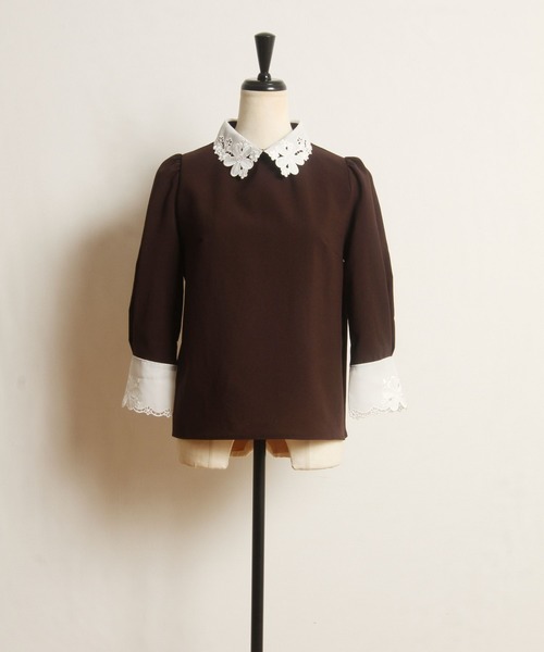 TOCCO closet - トッコクローゼット フラワー刺繍袖襟付ブラウス 七分袖 五分袖 半端袖 ブラウン TOCCO closet - トッコクローゼット フラワー刺繍袖襟付ブラウス