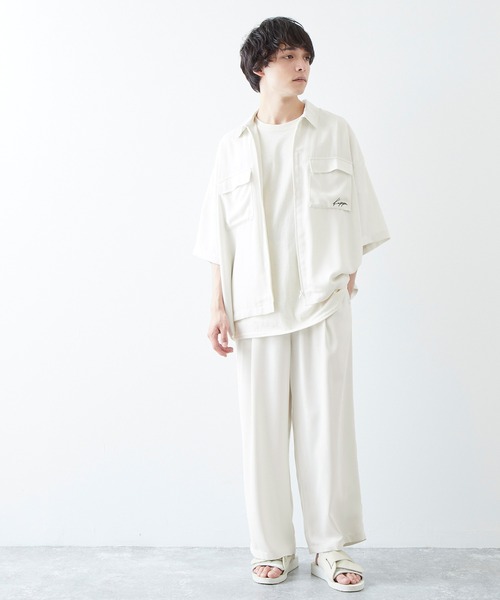 Kappa（カッパ）の「Kappa/カッパ 別注 ビッグポケットジップセットアップ レギュラーカラーシャツ (ジップアップ半袖シャツ＋タックワイドパンツ)（セットアップ・メンズ・ベージュ/チャコールグレー/アイボリー/サックスブルー/ブラック/ライラック・L/M）」の18枚目の写真