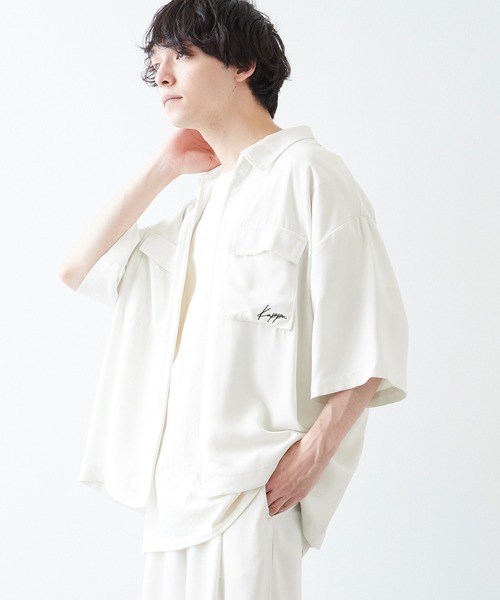 Kappa（カッパ）の「Kappa/カッパ 別注 ビッグポケットジップセットアップ レギュラーカラーシャツ (ジップアップ半袖シャツ＋タックワイドパンツ)（セットアップ・メンズ・ベージュ/チャコールグレー/アイボリー/サックスブルー/ブラック/ライラック・L/M）」の19枚目の写真