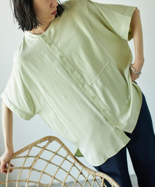 VACANCY（ヴァカンシー）の「パイピングハーフバンドカラーシャツ（シャツ/ブラウス・レディース・ベージュ/ライトグリーン・FREE）」の3枚目の写真