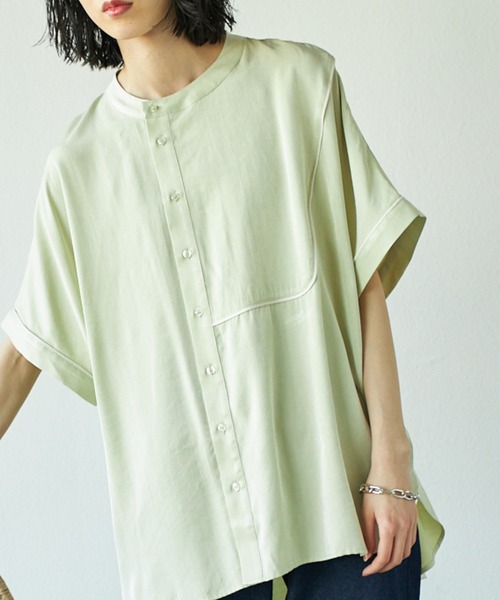 VACANCY（ヴァカンシー）の「パイピングハーフバンドカラーシャツ（シャツ/ブラウス・レディース・ベージュ/ライトグリーン・FREE）」の6枚目の写真