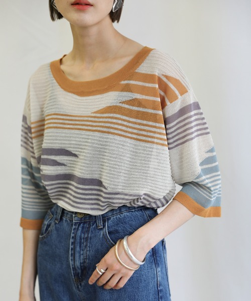 select MOCA(セレクトモカ)の「2021 SS マルチパターンサマーニットシアーハーフスリーブトップス(ニット/セーター・レディース・ライム/オレンジ/ブルー・FREE)」の3枚目の写真