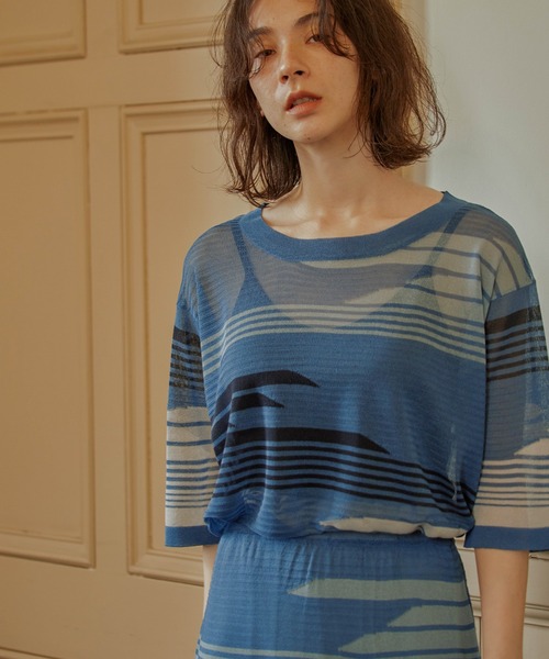 select MOCA(セレクトモカ)の「2021 SS マルチパターンサマーニットシアーハーフスリーブトップス(ニット/セーター・レディース・ライム/オレンジ/ブルー・FREE)」の6枚目の写真