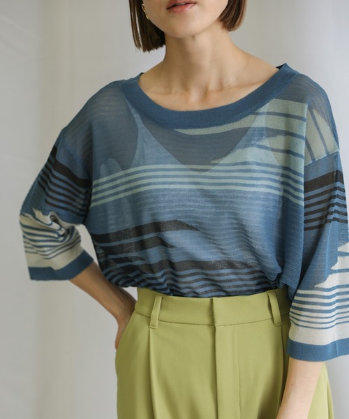select MOCA(セレクトモカ)の「2021 SS マルチパターンサマーニットシアーハーフスリーブトップス(ニット/セーター・レディース・ライム/オレンジ/ブルー・FREE)」の12枚目の写真