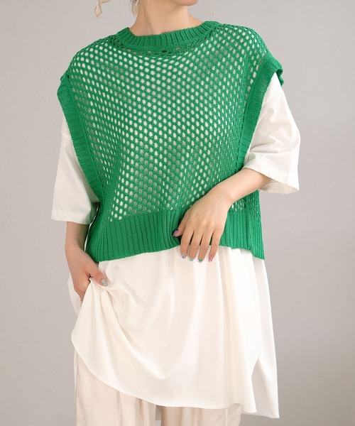 ＡＮＤＪ（アンドジェイ）の「2WAY透かし編みリネンタッチニットベスト（ベスト・レディース・グリーン/マスタード/ブラック/アイボリー・M）」の18枚目の写真