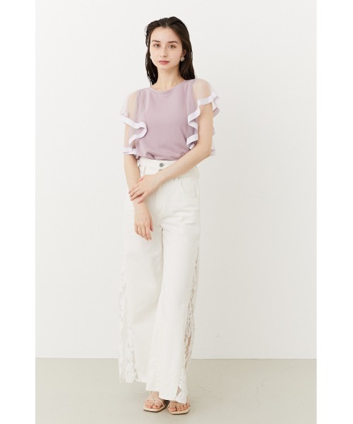 rienda - ♡rienda  袖チュールカットTOP　トップス 袖チュールカットトップス（Tシャツ/カットソー）｜rienda