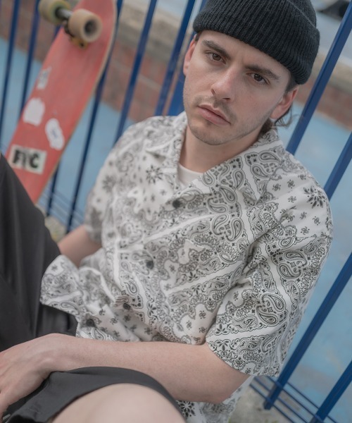 SIDEWAY STANCE（サイドウェイスタンス）の「【SIDEWAY STANCE】 ペイズリーバンダナ柄 ＆ デニム 半袖 オープンカラーシャツ セットアップ対応（シャツ/ブラウス・メンズ・ブラック/カーキ/ベージュ/ネイビー/ホワイト・LARGE/MEDIUM/X-LARGE）」の11枚目の写真