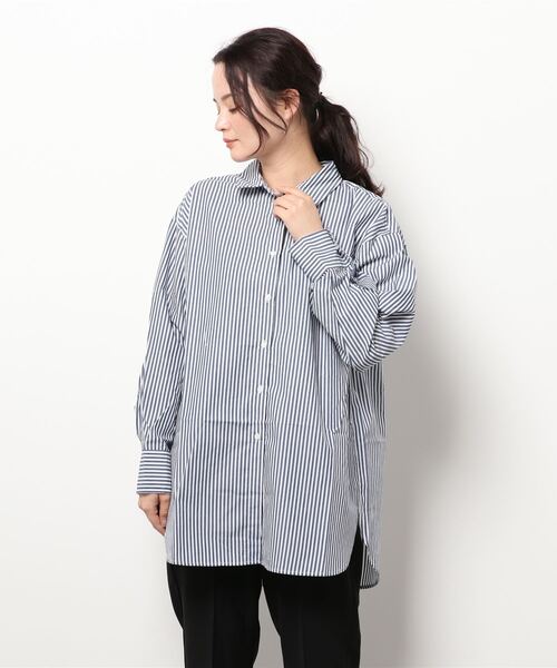 earth music&ecology（アースミュージックアンドエコロジー）の「ストライプオーバーシャツ ＊（シャツ/ブラウス・レディース・ブルー/グリーン/キャメル・FREE）」の2枚目の写真