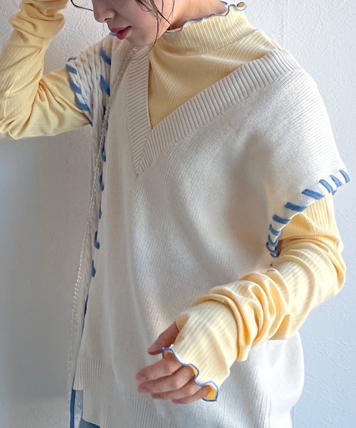 w closet（ダブルクローゼット）の「ランダムテレコフィンガーホールプルオーバー（Tシャツ/カットソー・レディース・アイボリー/イエロー/サックスブルー系1/ブラック・FREE）」の4枚目の写真