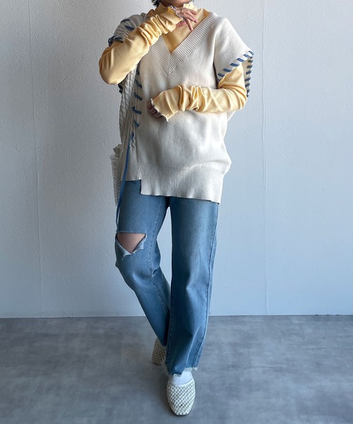 w closet（ダブルクローゼット）の「ランダムテレコフィンガーホールプルオーバー（Tシャツ/カットソー・レディース・アイボリー/イエロー/サックスブルー系1/ブラック・FREE）」の14枚目の写真