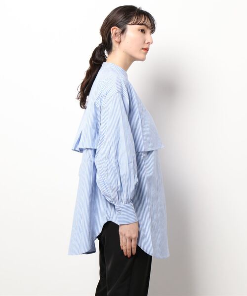 LE MORE（リモア）の「バンドカラーケープカラーブラウス（シャツ/ブラウス・レディース・ホワイト/ライトブルー/ベージュ/ピンク/オレンジ/ブルー・FREE）」の7枚目の写真