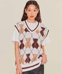 【AQO STUDIO SPACE】BEAR ARGYLE KNIT VEST / アコスタジオスペース ベアー アーガイル ニット ベスト / UNISEX