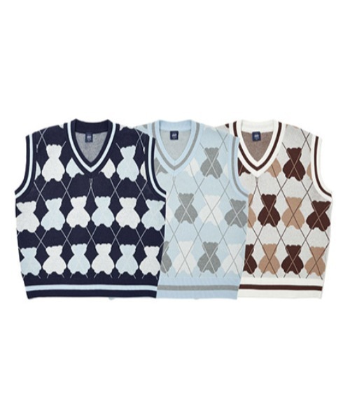 AQO STUDIO SPACE(アコスタジオスペース)の「【AQO STUDIO SPACE】BEAR ARGYLE KNIT VEST / アコスタジオスペース ベアー アーガイル ニット ベスト / UNISEX(ベスト・レディース・ネイビー/アイボリー/スカイブルー・FREE)」の8枚目の写真