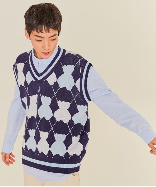 AQO STUDIO SPACE(アコスタジオスペース)の「【AQO STUDIO SPACE】BEAR ARGYLE KNIT VEST / アコスタジオスペース ベアー アーガイル ニット ベスト / UNISEX(ベスト・レディース・ネイビー/アイボリー/スカイブルー・FREE)」の16枚目の写真