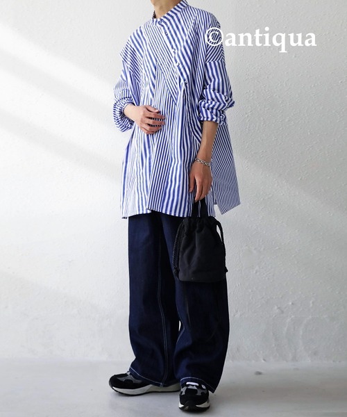 antiqua（アンティカ）の「綿混素材袖タック入りストライプシャツ（シャツ/ブラウス・メンズ・ブルー/ブラック・FREE）」の21枚目の写真