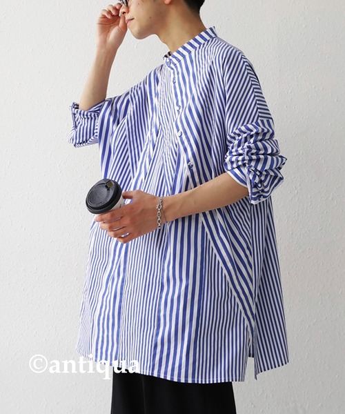 antiqua（アンティカ）の「綿混素材袖タック入りストライプシャツ（シャツ/ブラウス・メンズ・ブルー/ブラック・FREE）」の22枚目の写真