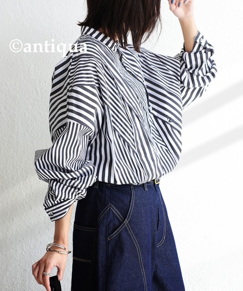 antiqua（アンティカ）の「綿混素材袖タック入りストライプシャツ（シャツ/ブラウス・メンズ・ブルー/ブラック・FREE）」の12枚目の写真