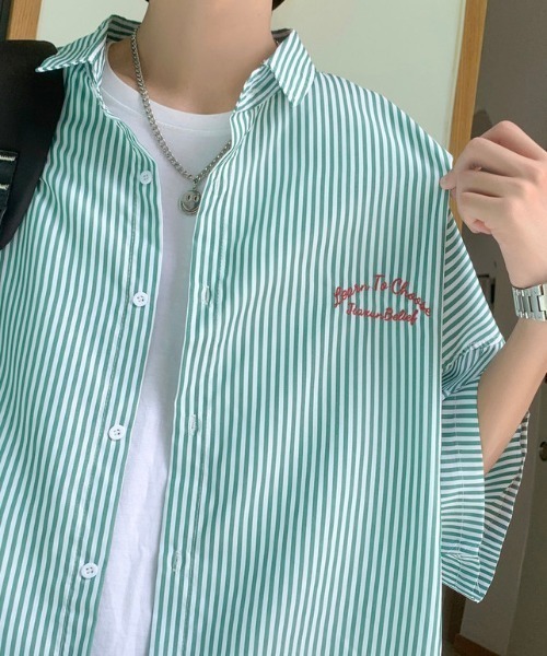 MGV(エムジーヴィー)の「ワンポイント刺繍ストライプシャツ(シャツ/ブラウス・メンズ・ブルー/ブラック/グリーン・LARGE/X-LARGE/MEDIUM)」の9枚目の写真