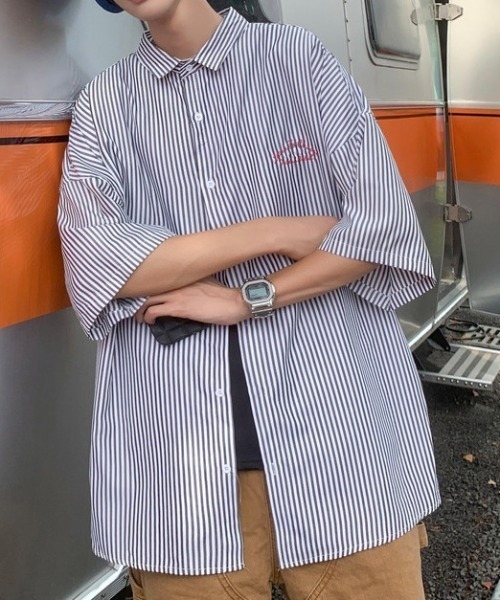 MGV(エムジーヴィー)の「ワンポイント刺繍ストライプシャツ(シャツ/ブラウス・メンズ・ブルー/ブラック/グリーン・LARGE/X-LARGE/MEDIUM)」の15枚目の写真
