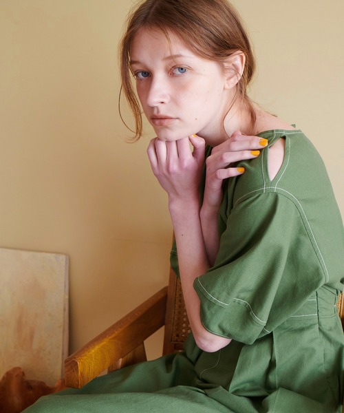 配色ステッチランタンナローワンピース