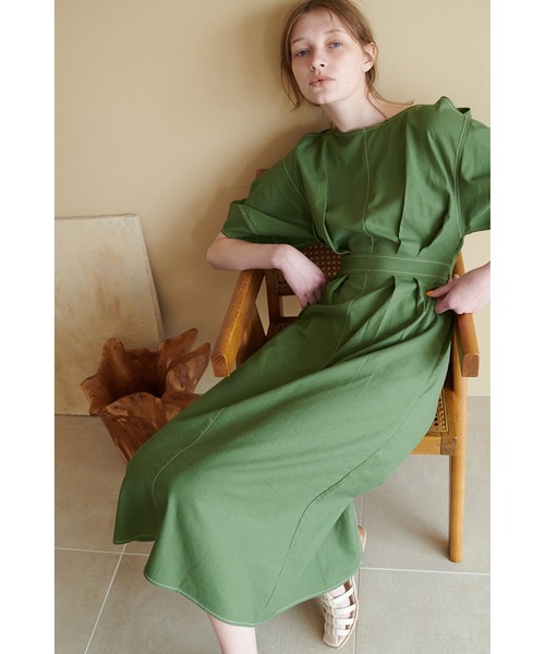 配色ステッチランタンナローワンピース