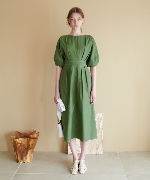 配色ステッチランタンナローワンピース