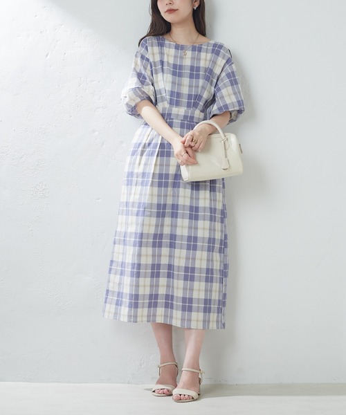 配色ステッチランタンナローワンピース