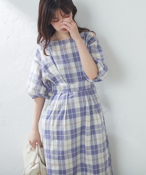 配色ステッチランタンナローワンピース