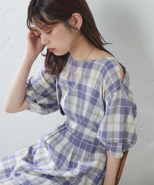 配色ステッチランタンナローワンピース