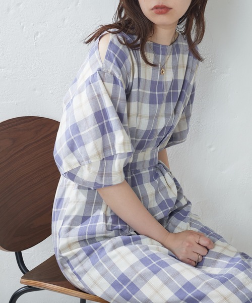 配色ステッチランタンナローワンピース