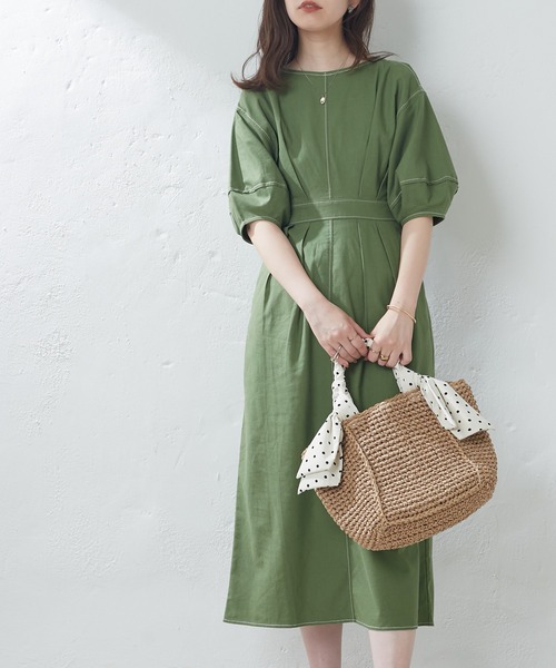 natural couture（ナチュラルクチュール）の「配色ステッチランタンナローワンピース（ワンピース・レディース・ブラック/ライトベージュ/グリーン/オレンジ/チェック・FREE）」の7枚目の写真