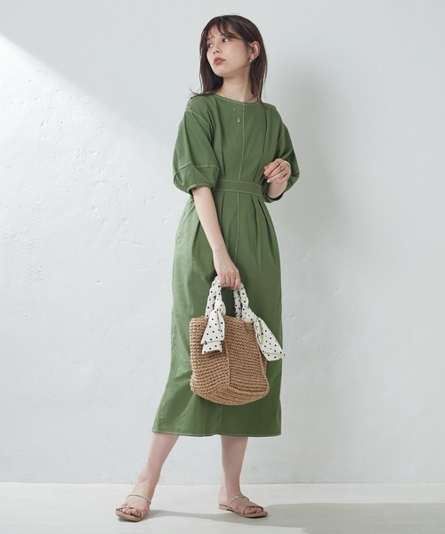 natural couture（ナチュラルクチュール）の「配色ステッチランタンナローワンピース（ワンピース・レディース・ブラック/ライトベージュ/グリーン/オレンジ/チェック・FREE）」の12枚目の写真