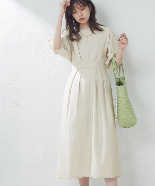 natural couture（ナチュラルクチュール）の「配色ステッチランタンナローワンピース（ワンピース・レディース・ブラック/ライトベージュ/グリーン/オレンジ/チェック・FREE）」の6枚目の写真