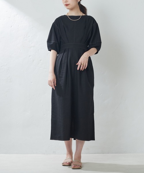 natural couture（ナチュラルクチュール）の「配色ステッチランタンナローワンピース（ワンピース・レディース・ブラック/ライトベージュ/グリーン/オレンジ/チェック・FREE）」の14枚目の写真