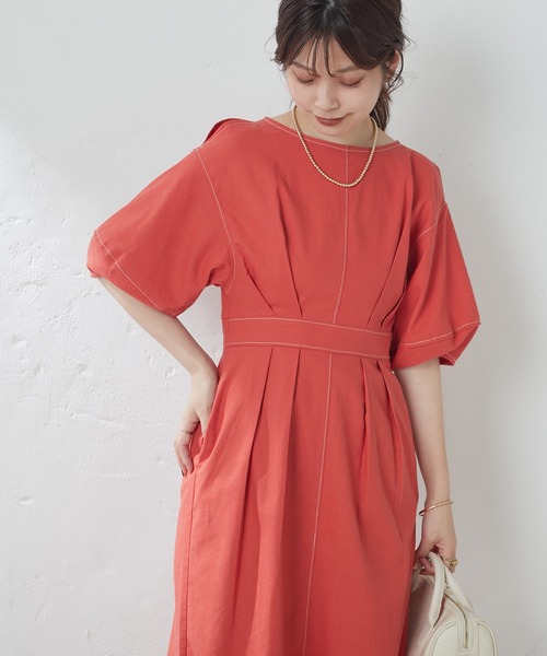 natural couture（ナチュラルクチュール）の「配色ステッチランタンナローワンピース（ワンピース・レディース・ブラック/ライトベージュ/グリーン/オレンジ/チェック・FREE）」の13枚目の写真