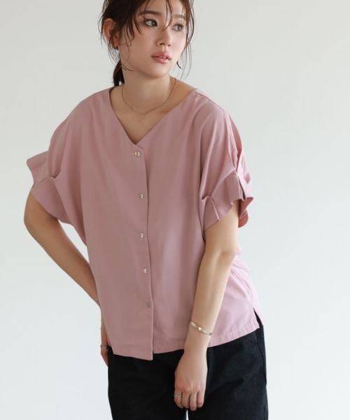 リネンライク前後2WAY袖タックブラウス