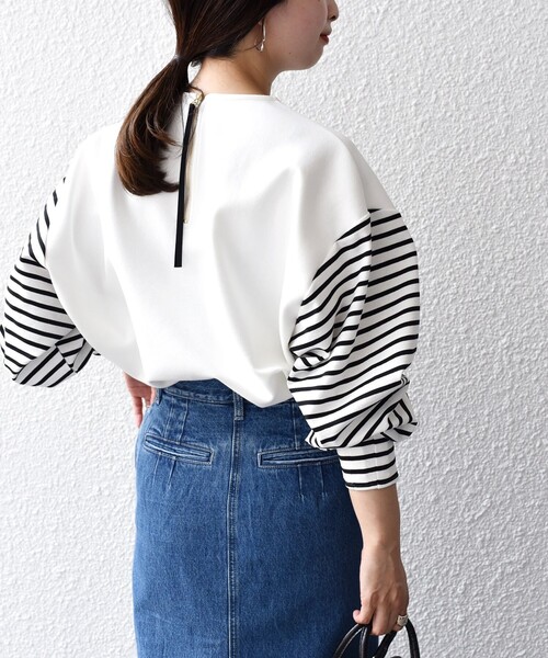 SHIPS(シップス)の「*ボーダースリーブコンビプルオーバー◇(Tシャツ/カットソー・レディース・ホワイト系/ブラック/ブルー・ONE SIZE)」の3枚目の写真